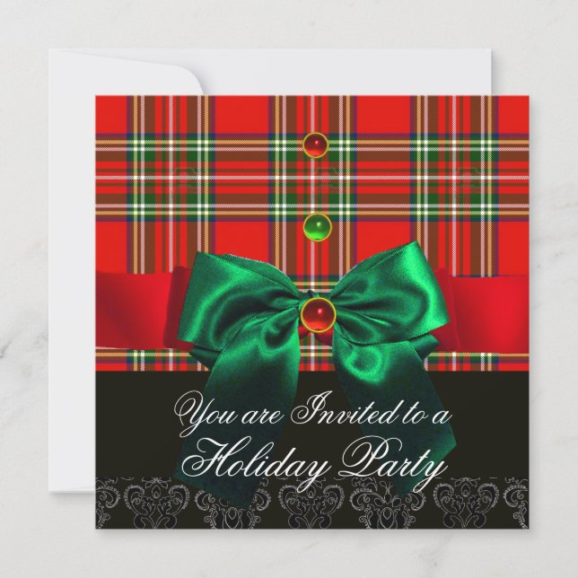 RED SCOTTISH TARTAN AND GREEN BOWS CHRISTMAS PARTY INVITATION (Front)