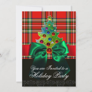 RED SCOTTISH TARTAN ,GREEN BOW AND CHRISTMAS TREE INVITATION