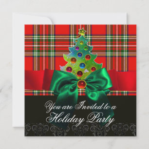 RED SCOTTISH TARTAN ,GREEN BOWS AND CHRISTMAS TREE INVITATION