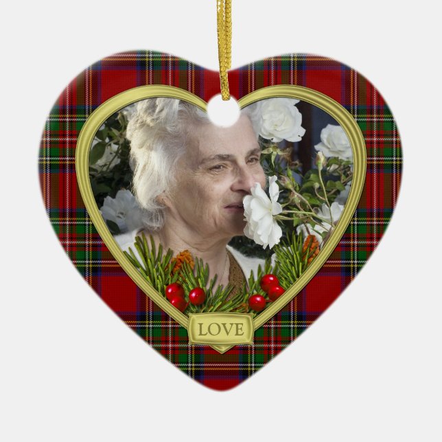 Red Scottish Tartan Memorial Heart Photo Christmas Ceramic Tree Decoration (Front)