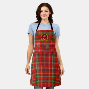 RED SCOTTISH TARTAN ,RED RUBY GEMSTONE MONOGRAM  APRON