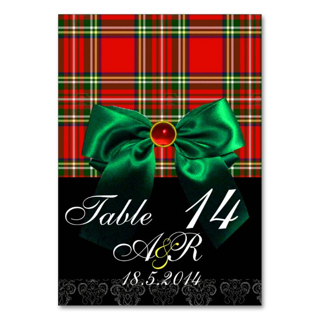 RED SCOTTISH TARTAN WITH GREEN BOW MONOGRAM TABLE NUMBER (Front)