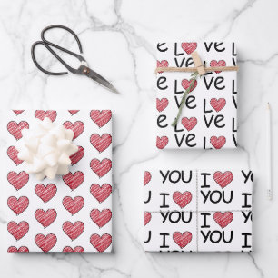 Red Scribble Heart and I Love You Script Pattern Wrapping Paper Sheet