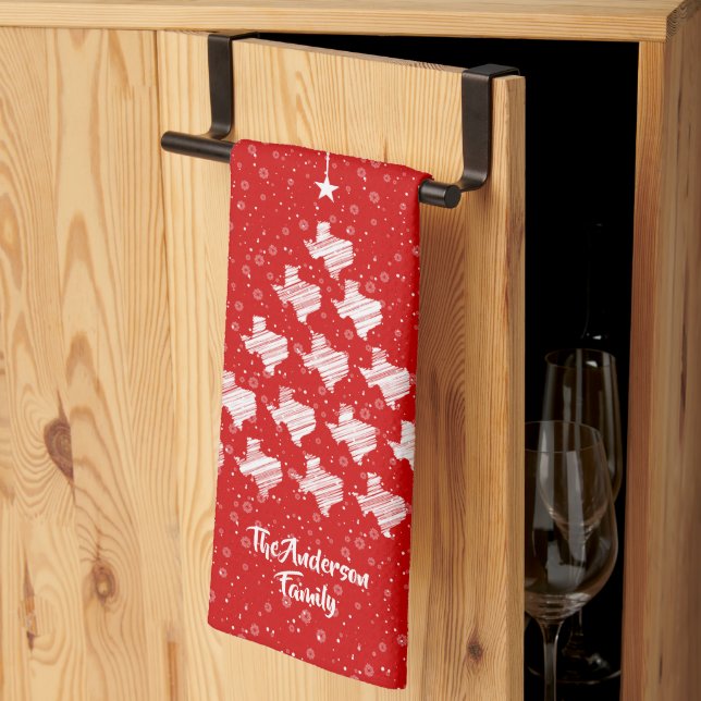 Red Scribbled Texas Christmas Tree Kitchen Towel (Thirds Fold)
