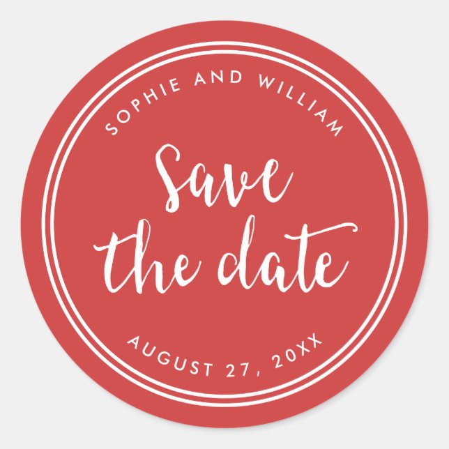Red Script and White Stripes Save the Date Classic Round Sticker (Front)