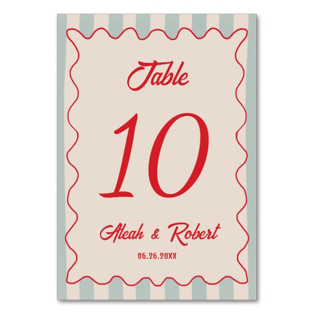 Red Script Blue Line Retro Wedding Table Number (Front)