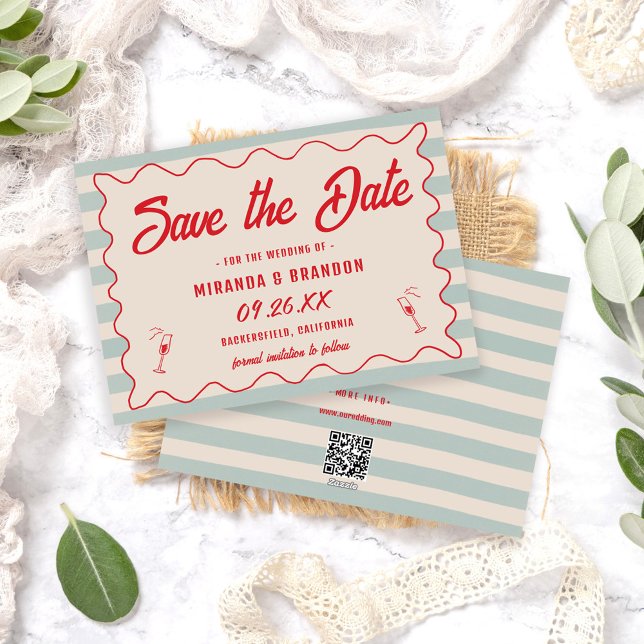 Red Script Blue Lines Retro QR Code Save the Date Invitation (Creator Uploaded)