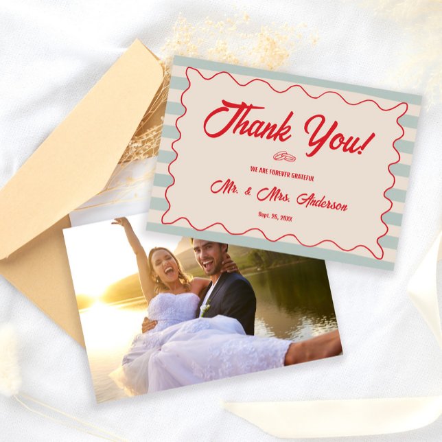 Red Script Blue Lines Retro Wedding Photo Thank You Card (Creator Uploaded)