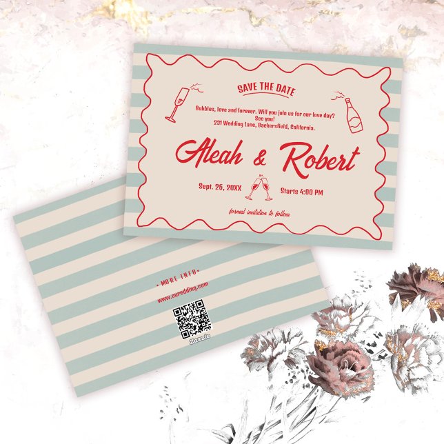 Red Script Blue Lines Retro Wedding Save the Date Invitation (Creator Uploaded)