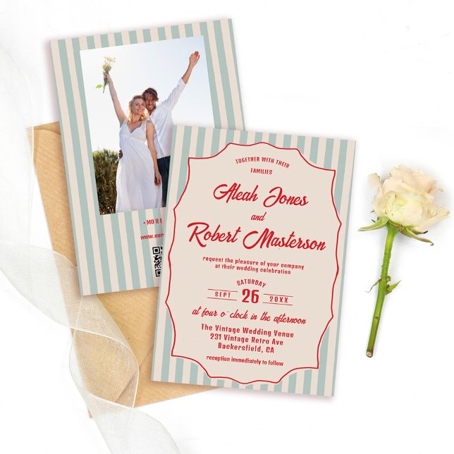 Red Script Blue Stripe Retro QR Code Photo Wedding Invitation (Creator Uploaded)