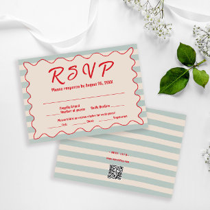 Red Script Blue Stripes QR Code Retro Wedding RSVP Card