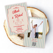 Red Script Blue Stripes Retro Photo Wedding