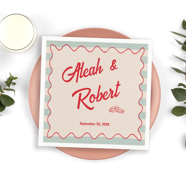 Red Script Blue Stripes Retro Wedding Napkin (Creator Uploaded)