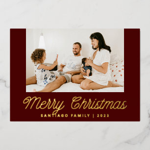 Red Script Calligraphy Family Photo Christmas Foil Holiday Card