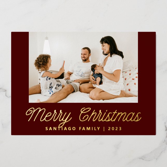 Red Script Calligraphy Family Photo Christmas Foil Holiday Card (Front)