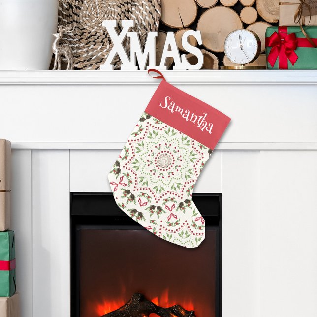 Red Script Christmas Pattern Personalised  Small Christmas Stocking (Christmas holiday mandala pattern Holiday Stocking. )