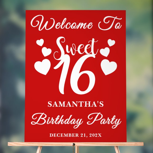 Red Script Christmas Sweet 16 Birthday Welcome Acrylic Sign (Neutral)
