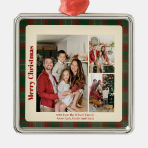 Red Script Classy Plaid 3 photos Christmas Metal Tree Decoration