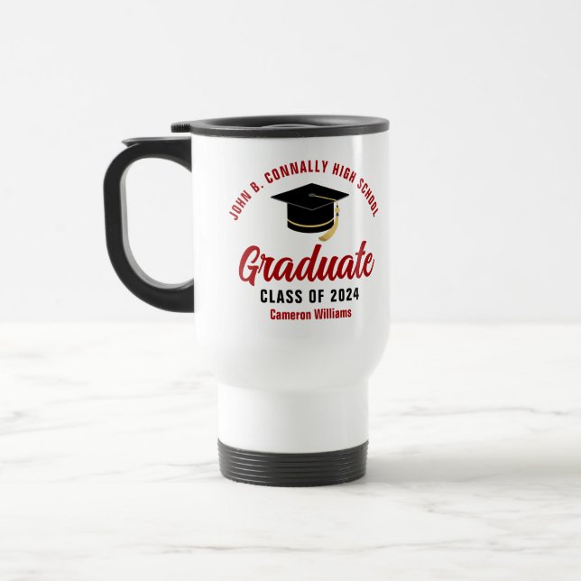 Red Script Graduate Custom Graduation Travel Mug (Left)