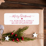Red Script Heart Christmas Return Address Label<br><div class="desc">Elegant,  Modern Red and White Hand Lettered Christmas Family Return Address Labels. Featuring a pretty hand-written calligraphy swash-tail font script with saying "Merry Christmas",  a little love heart motif. Great for Christmas holiday season,  easy to personalise them with your names and return address info.</div>