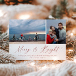 Red Script Merry and Bright Photo Card<br><div class="desc">Festive Modern Minimalist,  red calligraphy script "Merry & Bright" with solid red backing,  2 photo Christmas card.</div>