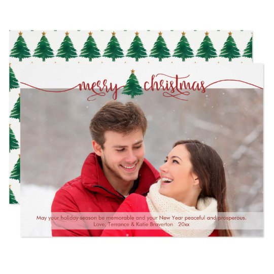 Red Script Merry Christmas and Watercolor Tree Card