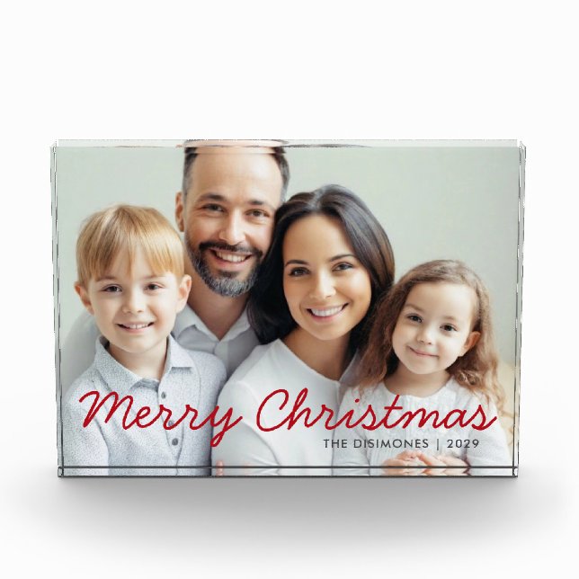Red Script Merry Christmas Photo Block (Front)
