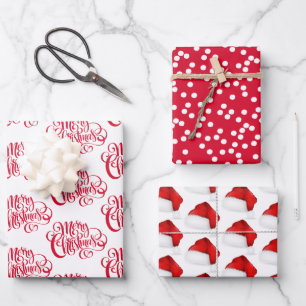Red Script Merry Christmas, Polkadots & Santa Hat Wrapping Paper Sheet