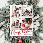 Red Script Merry Christmas Vertical 7 Photo Holiday Card<br><div class="desc">Celebrate the season with this red script Merry Christmas vertical 7 photo holiday card featuring a touch of elegant charm. The chic design showcases a simple red-and-white colour palette, evoking the cosy spirit of winter. Its modern and unique appeal and rustic wording create a perfect balance between seasonal and contemporary....</div>