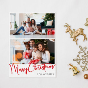 Red Script Merry Christmas Vertical Two Photo Holiday Card