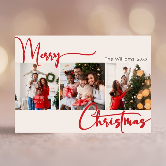 Red Script Merry Christmas Year In Review 3 Photo  Holiday Card (Creator Uploaded)
