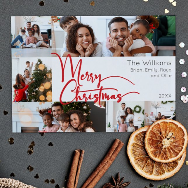 Red Script Merry Christmas Year In Review 6 Photo Holiday Card (Creator Uploaded)