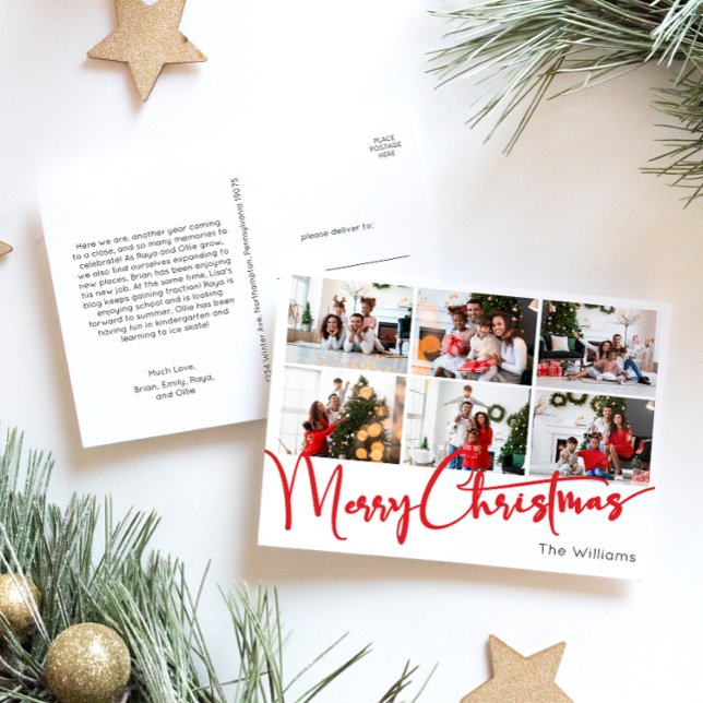 Red Script Merry Christmas Year In Review 6 Photo Holiday Postcard (Creator Uploaded)