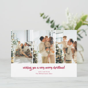 Red Script Minimalist Merry Christmas 4 Photo Holiday Card