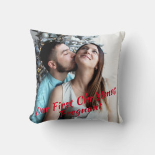 Red Script Our First Christmas Pregnant Photo Cushion