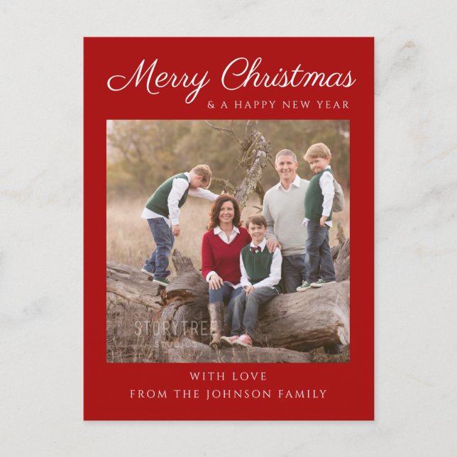Red Script Photo Christmas Holiday Postcard (Front)