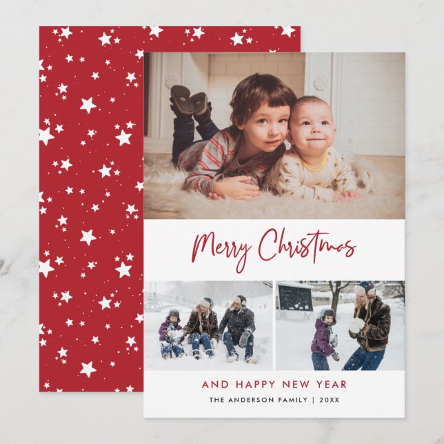 Red Script Stars Christmas 3 Photo Collage Holiday Card (Front/Back)