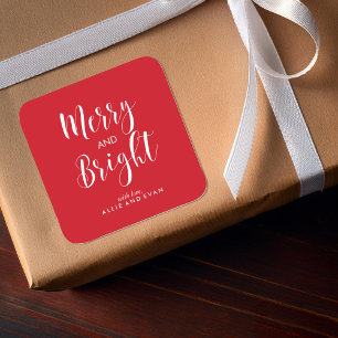 Red Scripted Merry and Bright Square Sticker