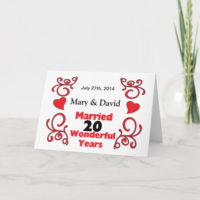 Red Scroll & Hearts Names & Date 20 Yr Anniversary Card (Front)