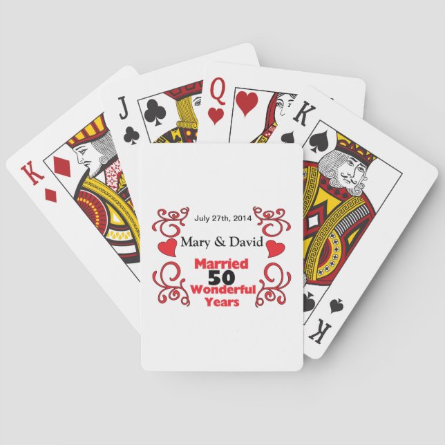 Red Scroll & Hearts Names & Date 50 Yr Anniversary Playing Cards (Back)