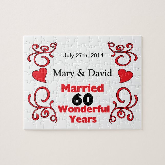 Red Scroll & Hearts Names & Date 60 Yr Anniversary Jigsaw Puzzle (Horizontal)