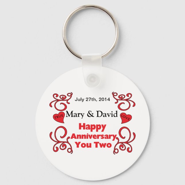 Red Scrolls & Heart Names & Date Happy Anniversary Key Ring (Front)