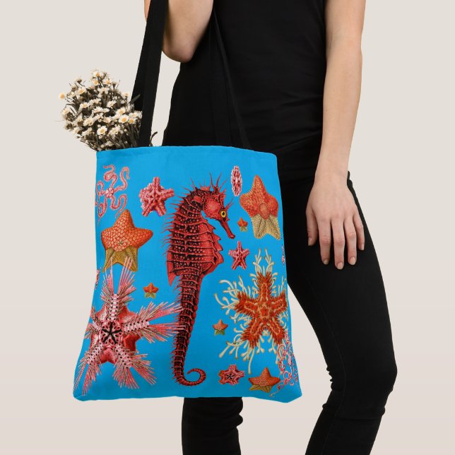 RED SEAHORSE AND SEASTARS IN AQUA BLUE Sea Life Tote Bag (Close Up)