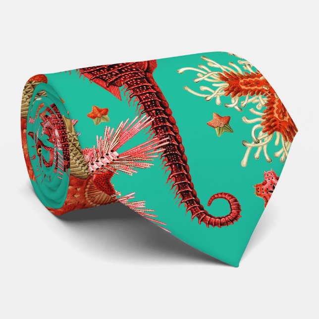 RED SEAHORSE AND SEASTARS TURQUOISE BLUE Sea Life Tie (Rolled)
