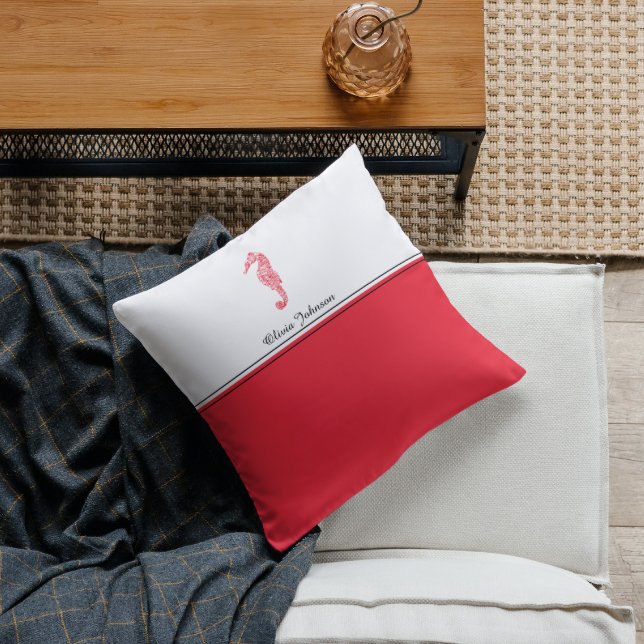 Red seahorse drawing sea life name elegant cushion (Creator Uploaded)