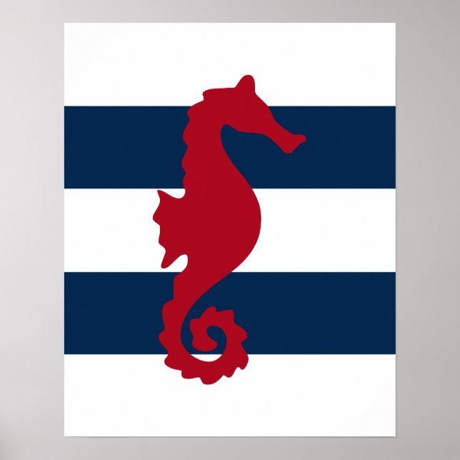 Red Seahorse on navy & white stripes print poster (Front)