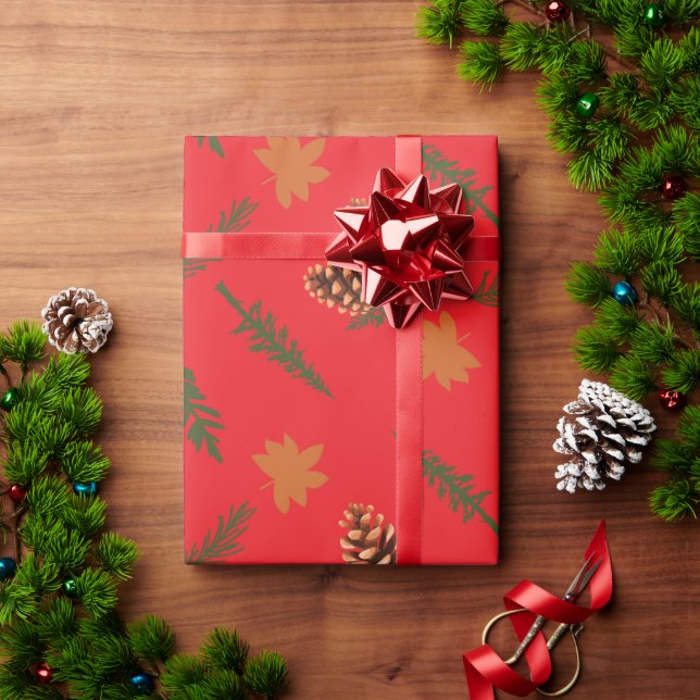 Red Seamless Wrapping Paper: Maple Leaf Pinecone Paper (Holiday Gift)