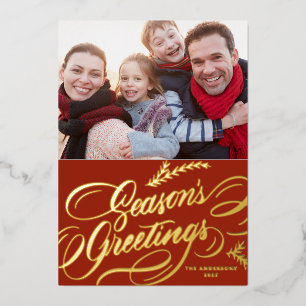 Red Season's Greetings Elegant Calligraphy Photo Foil Holiday Card