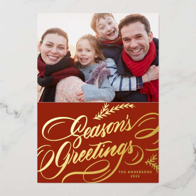 Red Season's Greetings Elegant Calligraphy Photo Foil Holiday Card (Front)