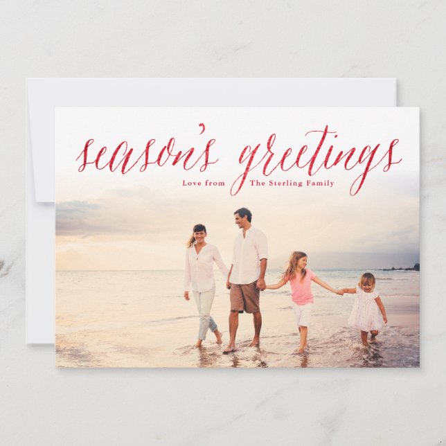 Red Season's Greetings Glitter Look Photo Holiday Card (Front)
